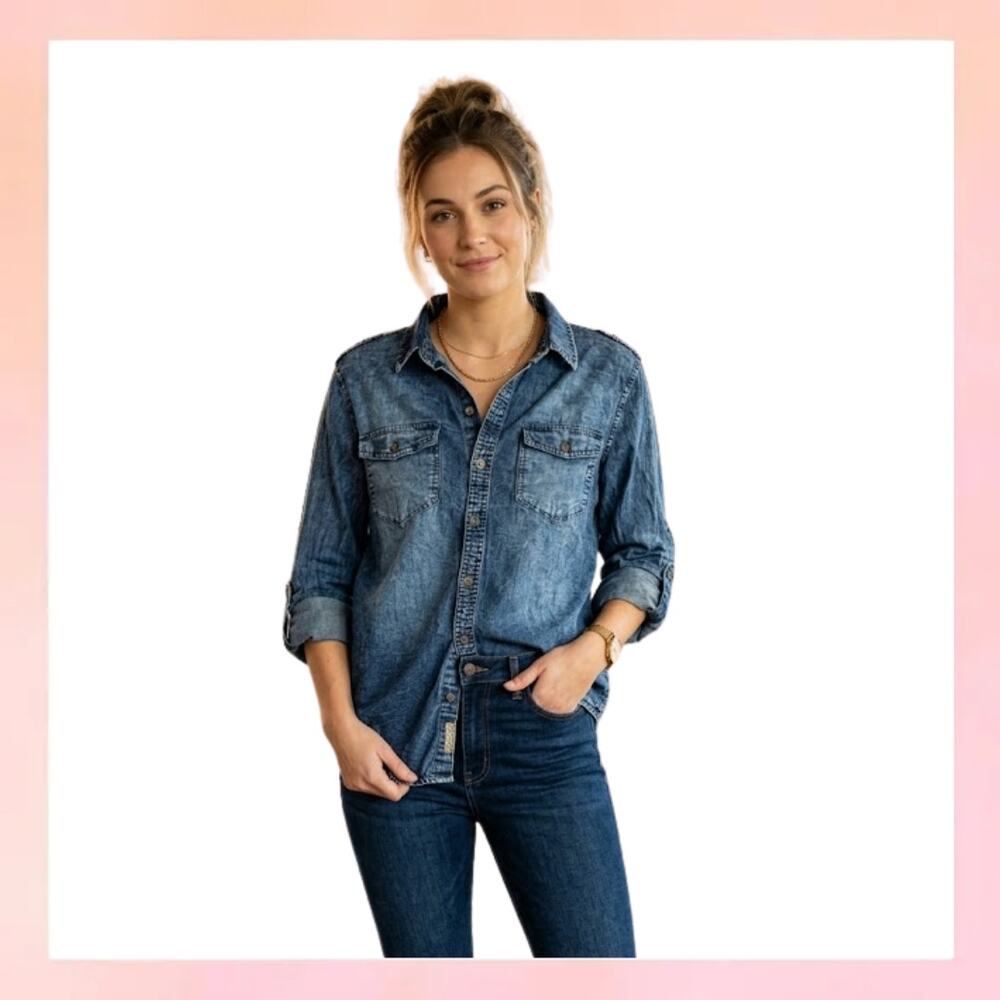 Brooklyn Laundry Women's Acid Wash Denim Long Sleeve Shirt - Size Large